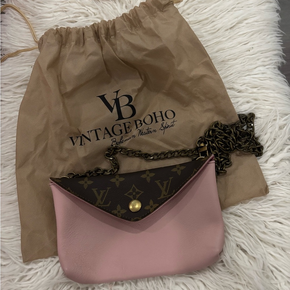 Pink Leather & Monogram Clutch Crossbody – Upcycled by Vintage Boho